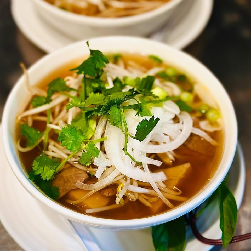 Close-up of a bowl of Blossom Vegan pho, topped with fresh cilantro, bean sprouts, and onions.